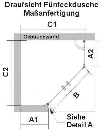 Masszeichnung Fünfeck Dusche EXKLUSIV Maßanfertigung 3-teilig